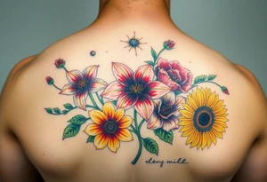 Vintage star gazer lillies wild roses and sunflowers tattoo idea