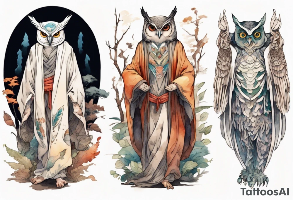 a tall thin creature in an ancient robe wearing an owl mask walking in a forest with the feet of a bird and wings instead of arms tattoo idea