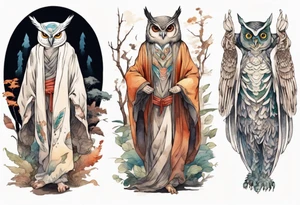 a tall thin creature in an ancient robe wearing an owl mask walking in a forest with the feet of a bird and wings instead of arms tattoo idea