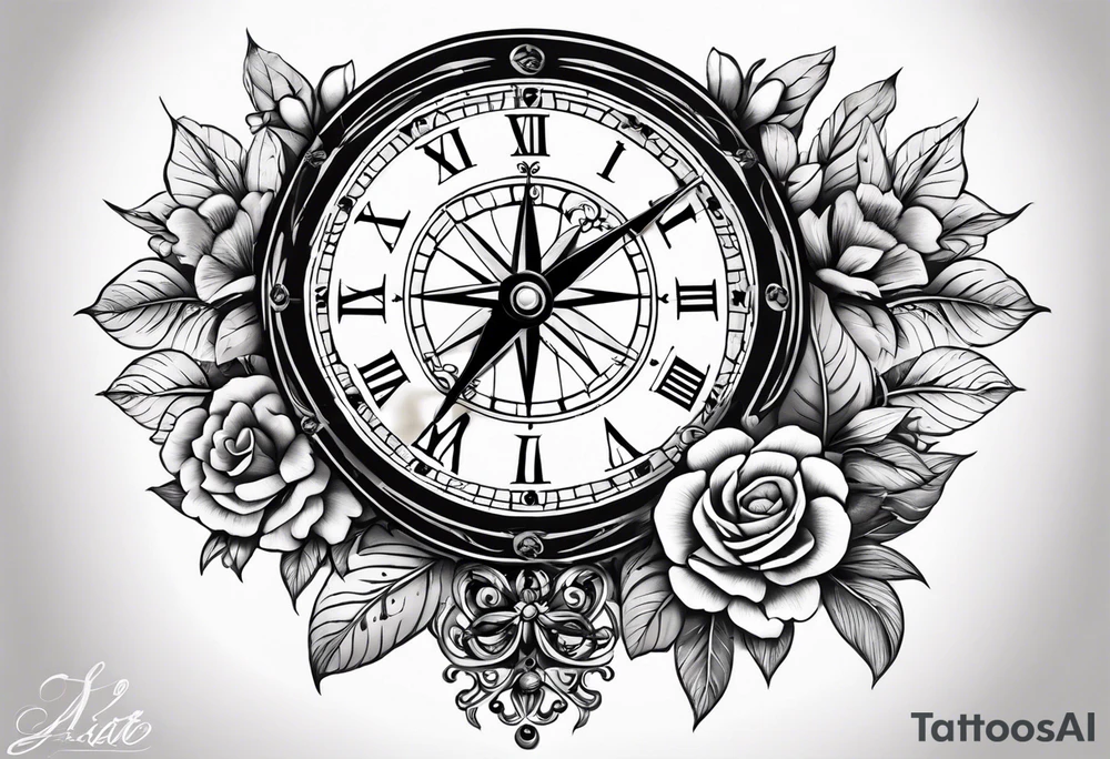 combination of a nautical compass and a old school clock face, with a doctor bird, tree of life and decorated with lignum vitae flowers, 3/4 sleeve on arm, flowing all together tattoo idea