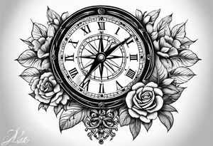 combination of a nautical compass and a old school clock face, with a doctor bird, tree of life and decorated with lignum vitae flowers, 3/4 sleeve on arm, flowing all together tattoo idea