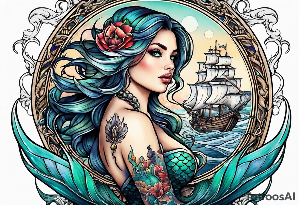 mermaid with galleon ship tattoo idea