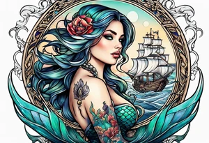 mermaid with galleon ship tattoo idea