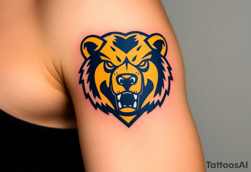 University of Northern Colorado bear mascot  head with Navy blue and yellow with UNC tagged Above head tattoo idea