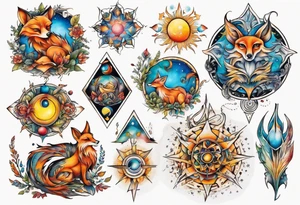 fisch, fuchs und eule , symetrie  sonne, universum, bunt, " sapere aude" tattoo idea