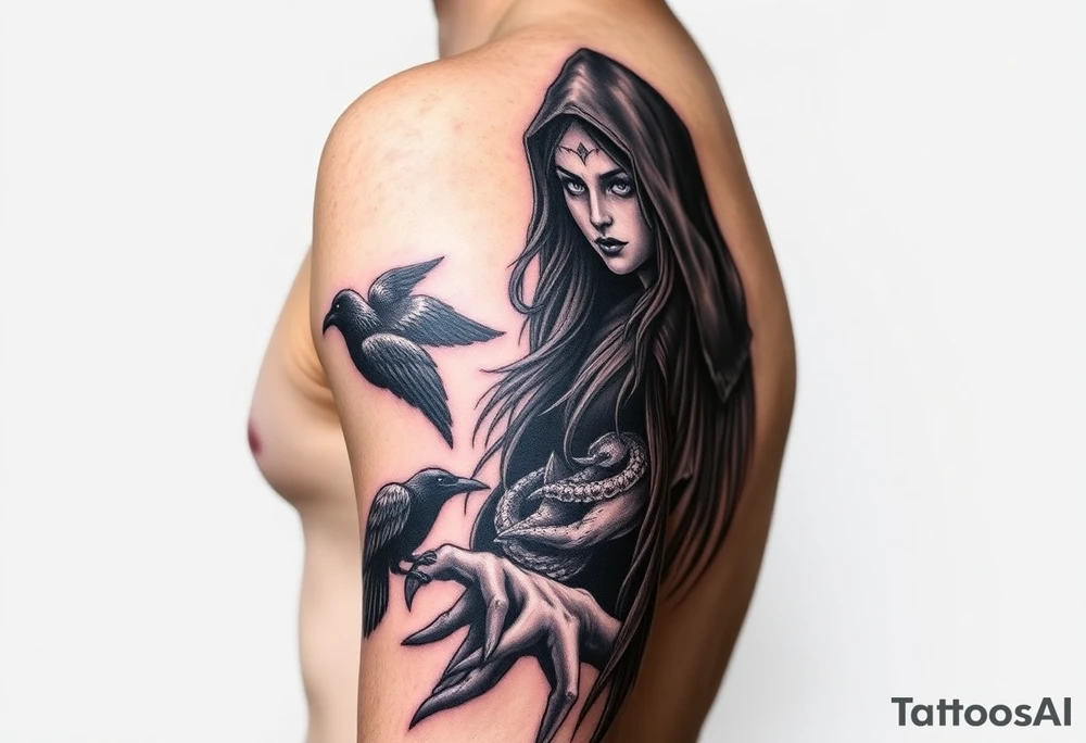Left sleeve tattoo of the Morrigan Celtic  goddess of death. Powerful middle age woman of great wisdom and knowledge. Realistic and black and white imagery with potentially a splash of purple: images of crows can be built into it. 

Stronger focus on Celtic side of things, increase the age, add a hood. tattoo idea