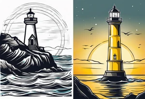 Farol no oceano em mar agitado bem delicado com a luz amarela, e navio ao fundo tattoo idea