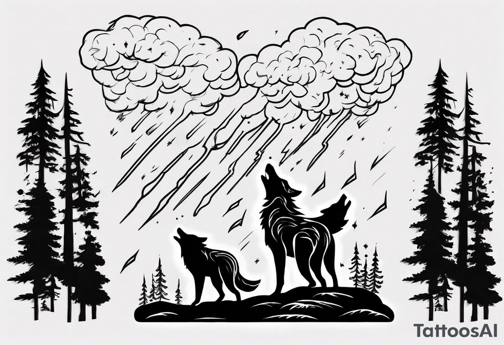 a thunderstorm over a forest and a wolf howling tattoo idea a thunderstorm over a forest and a wolf howling tattoo idea