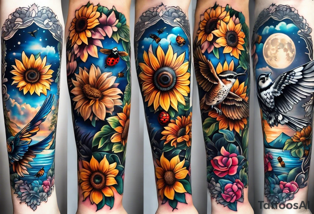 A lower forearm sleeve full colour mandala flowers, and owl, bees, pinecone, lady bugs. Moon sunflower honey suckle lighthouse blue Jay humming bird tattoo idea