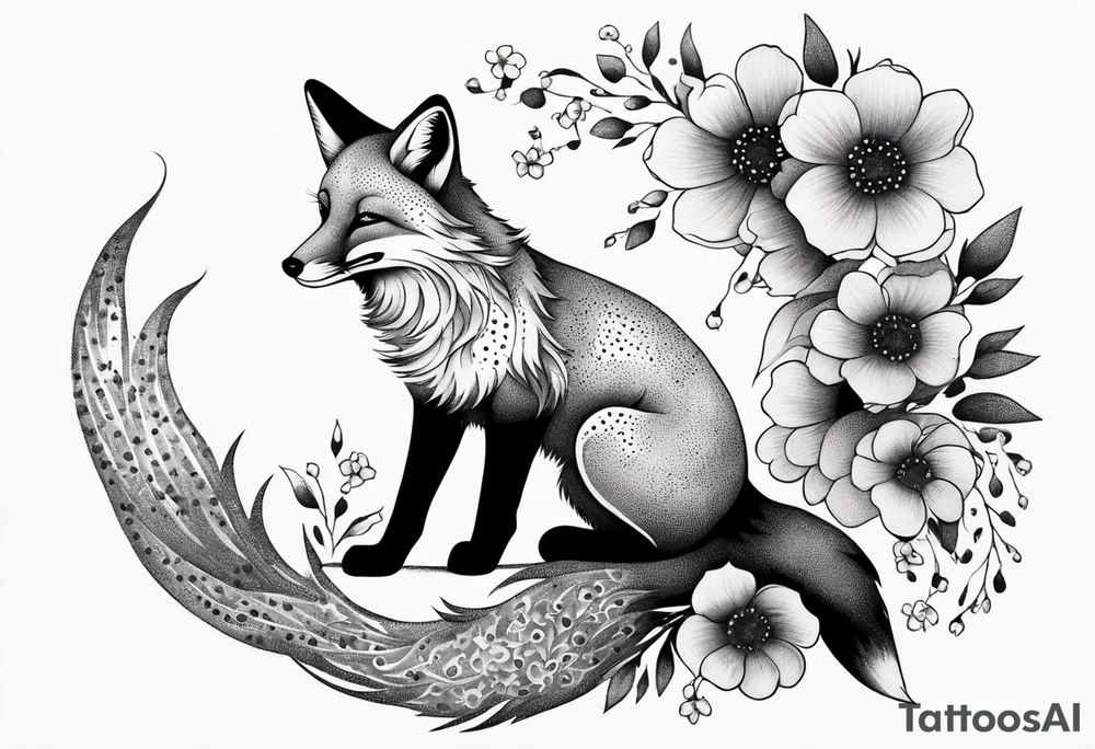 fox falling in the air suraounded by flowers growing out of her back tattoo idea