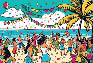 vintage beach dance party with music and confetti, tropical drinks tattoo idea