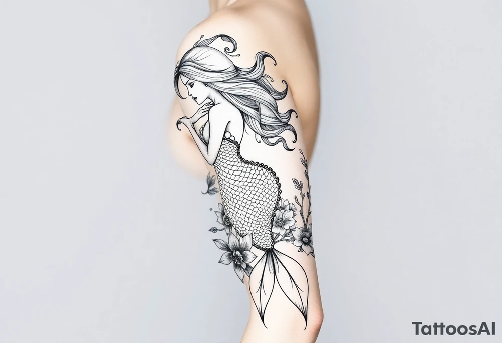 ethereal mermaid with flowing hair among coral and sea flowers tattoo idea