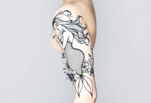 ethereal mermaid with flowing hair among coral and sea flowers tattoo idea