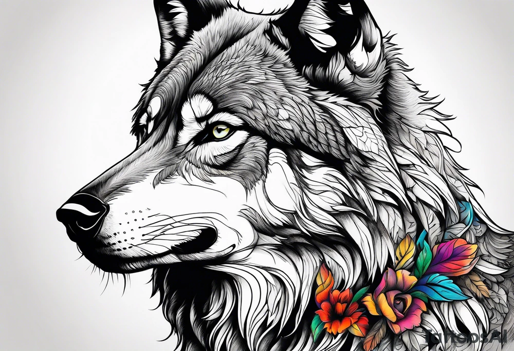 a colorful realistic wolf with a Raven tattoo idea