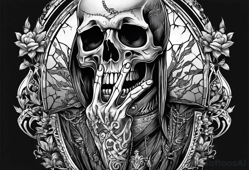 Skeleton holding up 3 fingers tattoo idea