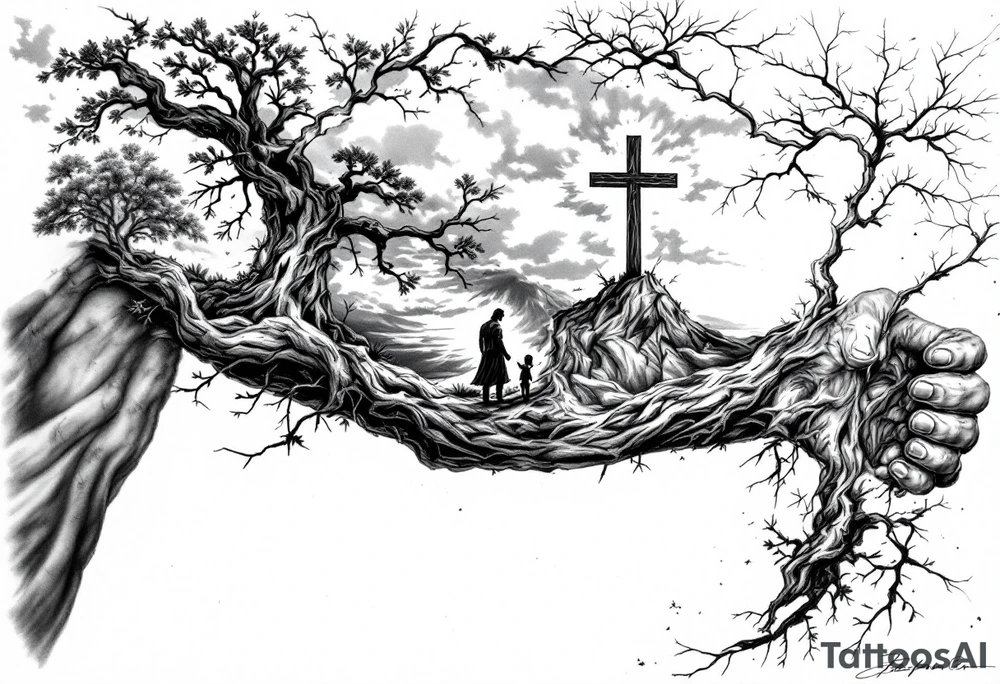 A highly detailed black and grey realism tattoo sleeve design that tells a story of faith, family, and perseverance. A large, deeply rooted tree with strong branches represents family and growth. Within the bark of the tree, hidden images of hands clasped together and a father guiding a child can be seen. A distant cross glows subtly through a stormy sky, symbolizing divine guidance. A warrior stands at the base of the tree, looking toward the cross, representing endurance through hardship. The design blends realism and abstract elements, with deep shadows at the base fading into light near the shoulder. tattoo idea