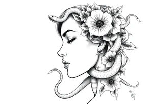 Powerful side profile woman’s face with flowers
And snakes tattoo idea