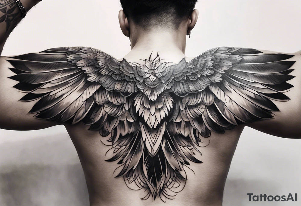 wings extending from a mens shoulders, covering the upper arms and upper back. The feathers are intricately detailed, with soft shading in black and gray to create depth and texture. The wings gently converge in the middle of the back, forming a harmonious and cohesive design. tattoo idea