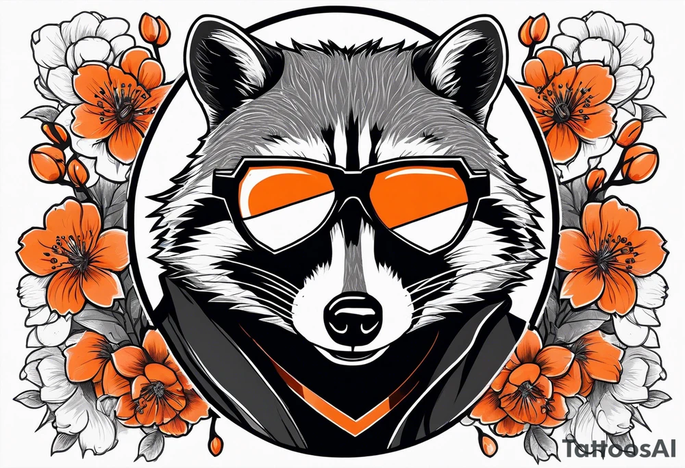Raccoon wearing a white Superman logo on a black hoodie and orange Japanese cherry blossoms beside tattoo idea