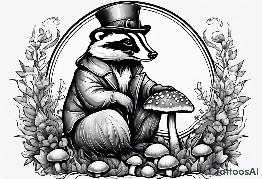 Badger in a coat sitting on a mushroom tattoo idea