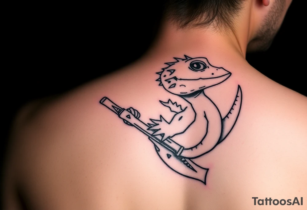 line work axolotl holding an axe tattoo idea