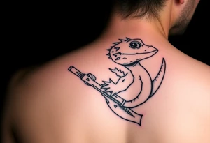 line work axolotl holding an axe tattoo idea