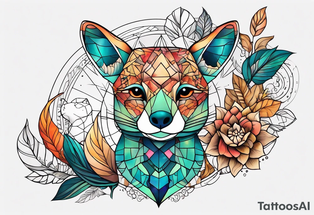 Tattoo incorporating a turtle, a fox, a koala, and a cat. tattoo idea