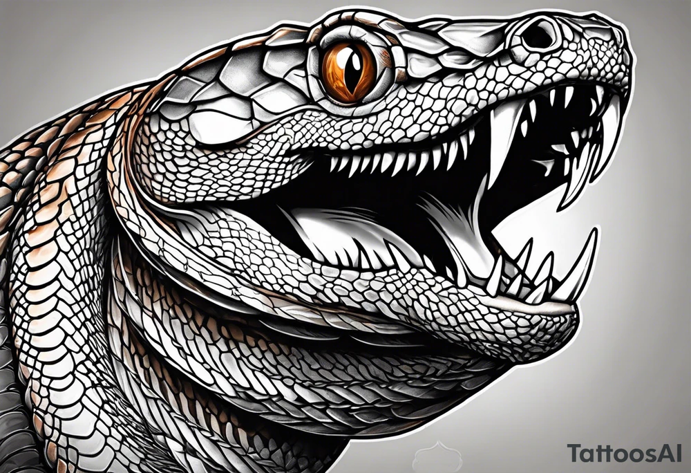 Copperhead with just the head turned up and mouth open, two fangs, black and white drawing with copper colored eye tattoo idea