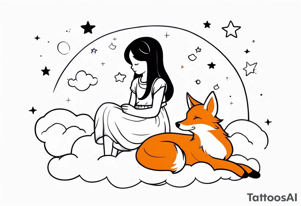 little girl with a fox sit on a cloud and look at the stars tattoo idea