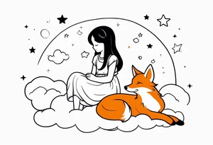 little girl with a fox sit on  a cloud and look at the stars tattoo idea