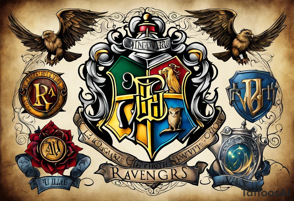 Harry Potter themed full sleeve. Include the Hogwarts castle, a golden snitch, the flying ford angler, the Ravenclaw house crest, and Luna Lovegood. tattoo idea