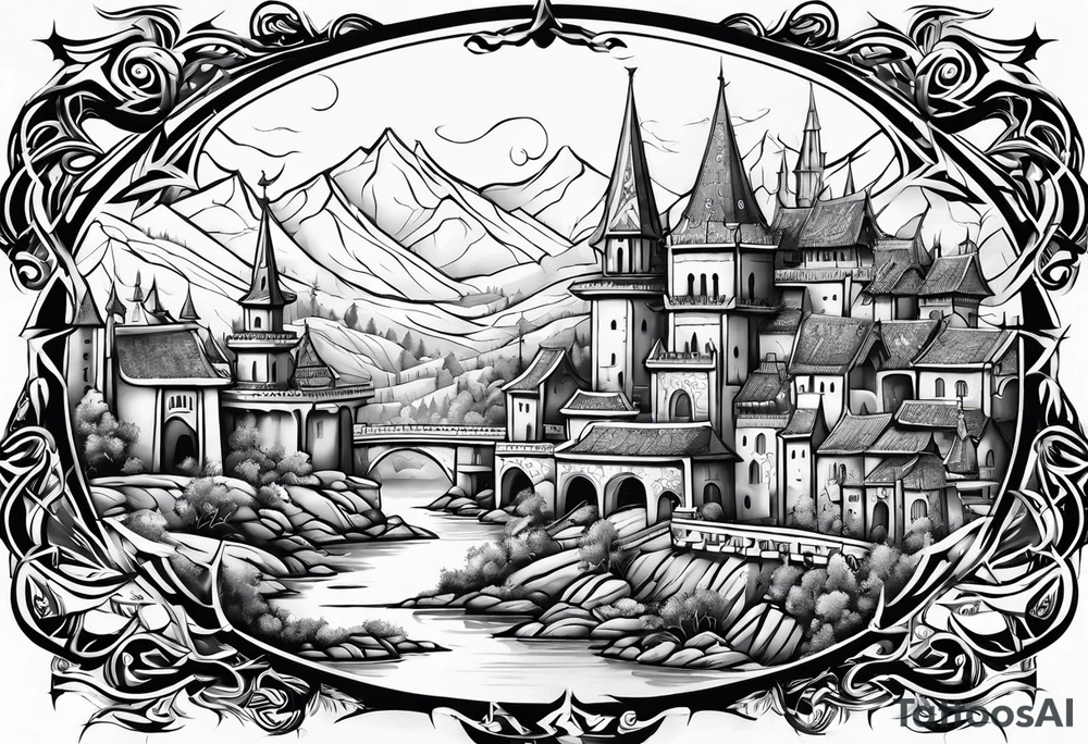 medieval tribal city vignette tattoo idea