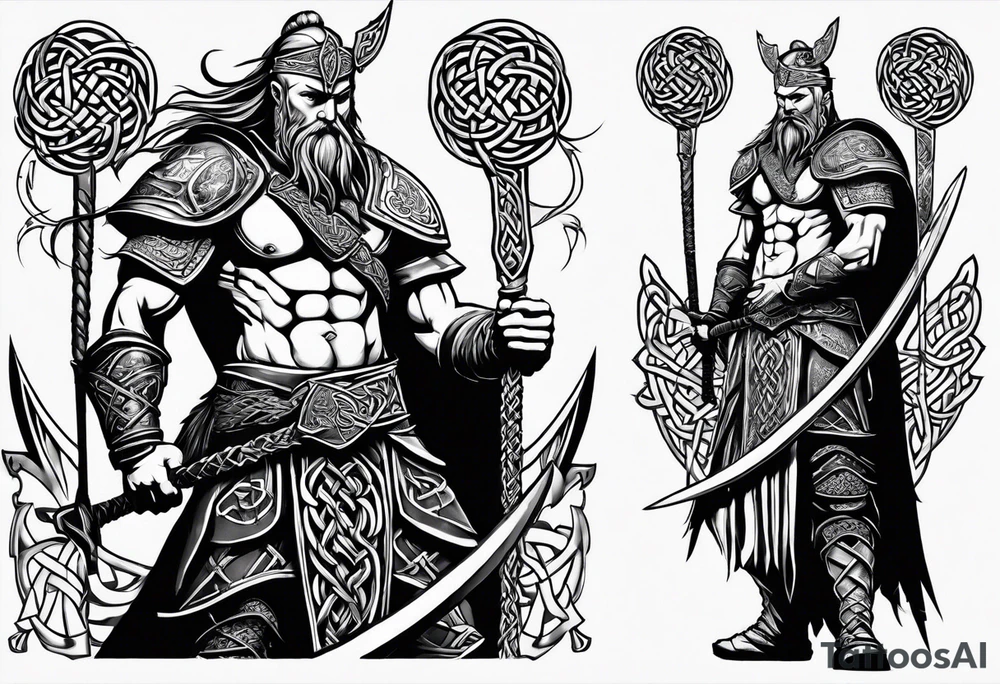 Full body side profile of a Celtic warrior with weapons tattoo idea