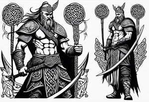 Full body side profile of a Celtic warrior with weapons tattoo idea