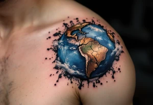 A cracked Earth in dusty blue and brown tones symbolizes environmental decay on the shoulder blade. tattoo idea