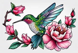 Hummingbird on sakura branche with piony rose tattoo idea