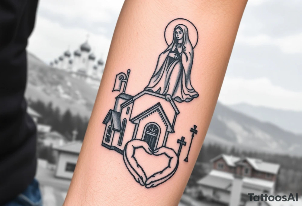 Russian Orthodox church with orthodox spire crosses in a mountainous village setting, with a holy glow around the church, and a virgin mary sat seperately above looking over hands on heart sat above tattoo idea