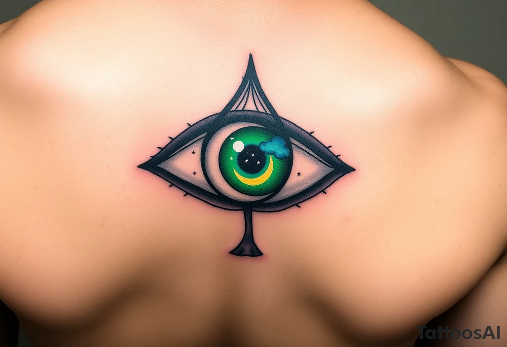 Large outline of an eye almond shaped with the eyeball part shaped like an ace of spades + eyecolor greenish blue with a crescent moon stars and clouds inside of the spade eyeball using vivid colora like green purple and blue tattoo idea