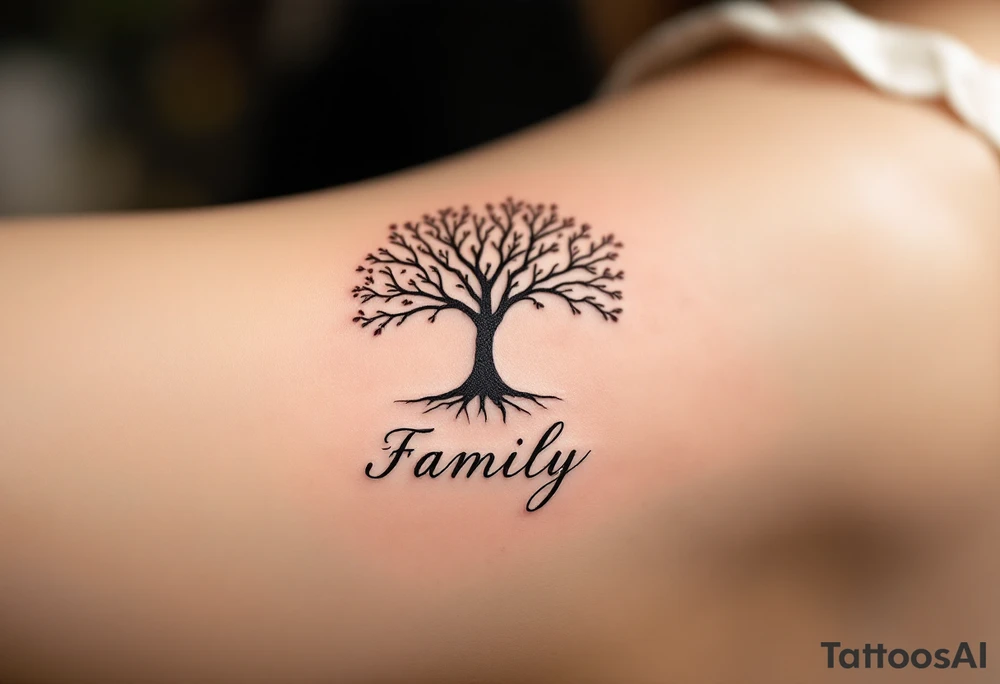 Family Tree Silhouette Tattoo – "Family" written below a detailed tree silhouette with branches extending out, in dark brown for the tree and light gray for the text. tattoo idea
