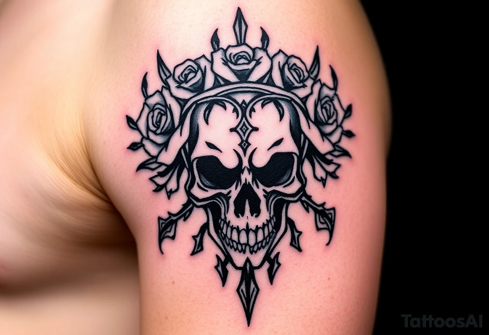 ornate skull adorned with crown of wild roses and thorns tattoo idea