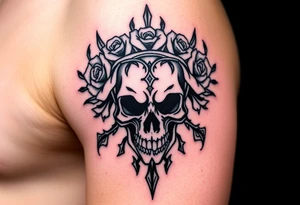 ornate skull adorned with crown of wild roses and thorns tattoo idea