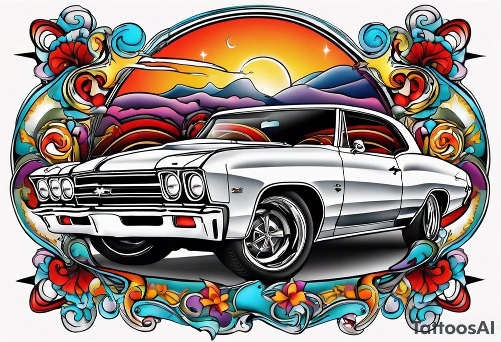 Can you design a surrealism tattoo that says “66 Chevelle” tattoo idea