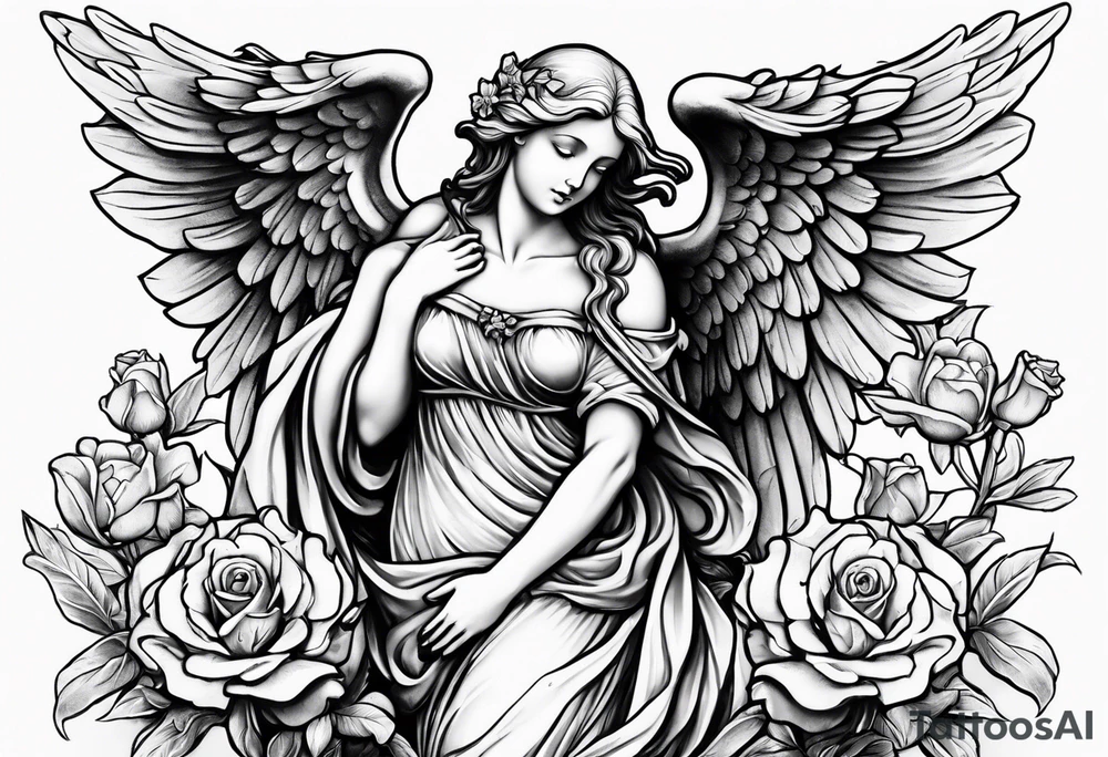 Angel statue stood on a rock with daffodils and roses wrapped around its legs tattoo idea