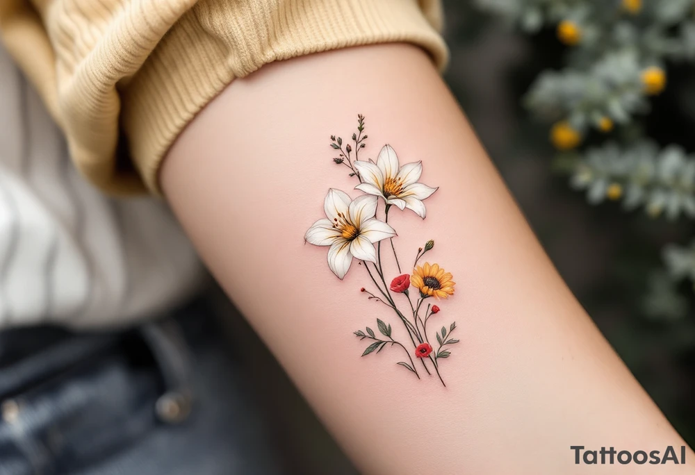 stargazer lillies in white with small sunflowers and poppies in a dainty wildflower bouquet with stems tattoo idea