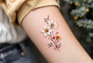 stargazer lillies in white with small sunflowers and poppies in a dainty wildflower bouquet with stems tattoo idea