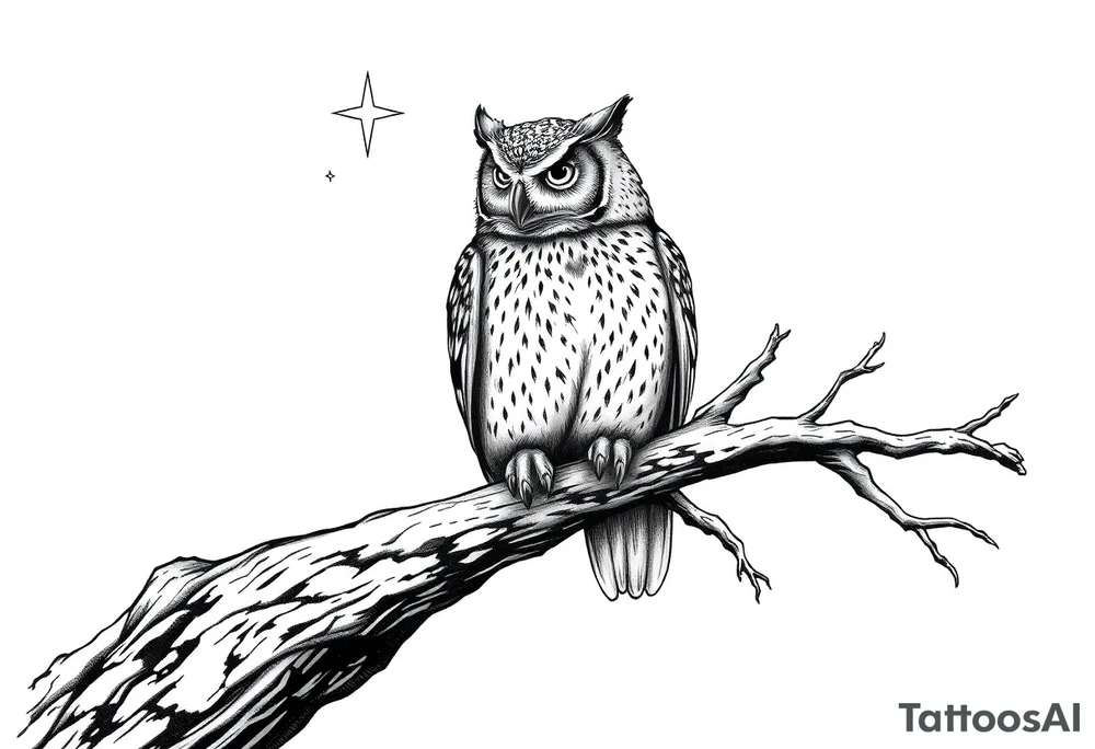 wise owl perched on ancient oak branch under starlit sky tattoo idea