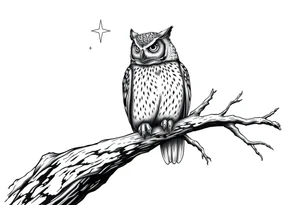 wise owl perched on ancient oak branch under starlit sky tattoo idea