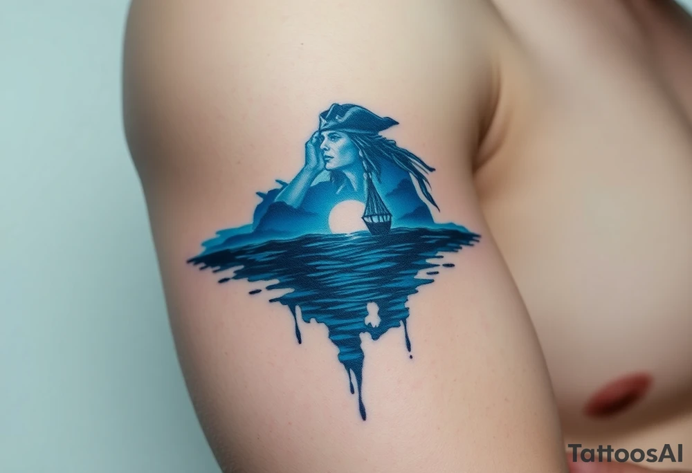 Jack Sparrow’s ghostly reflection in the ocean, done in eerie blue tones, symbolizing his dance with death and destiny tattoo idea