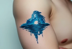 Jack Sparrow’s ghostly reflection in the ocean, done in eerie blue tones, symbolizing his dance with death and destiny tattoo idea