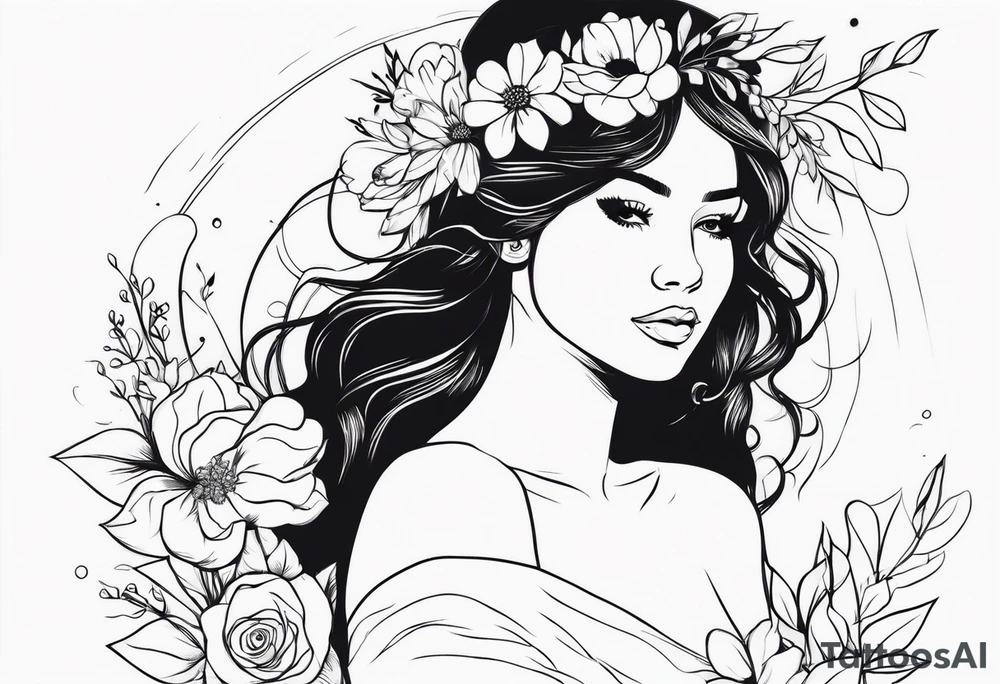 GIRL IN WEDDING DRESS WITH FLOWERS IN HAND tattoo idea